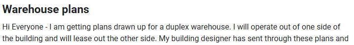 Community post: 'Warehouse plans — Hi Everyone, I am getting plans drawn up for a duplex warehouse. I will operate out of one side of the building and will lease out the other side...'